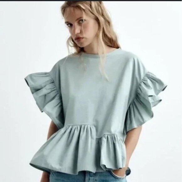 Zara Contrast Top With Ruffle Trim Flared Ruffles Sleeves Pale Mint Green Size M - Picture 1 of 9